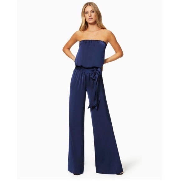 Ramy Brook Bree Strapless Silk Jumpsuit Navy Blue Size Large NWT 🆕 - Picture 1 of 13